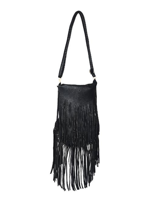 black leather sling bag with fringes - 12812003 - Very Small Image - 1