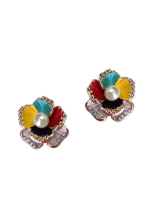 multicolour floral design faux rhinestones and pearl stud earrings - 12821715 - Very Small Image - 1