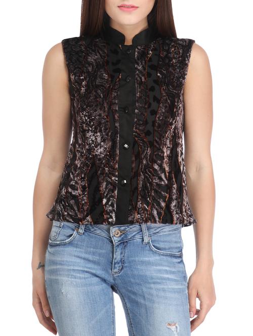 charcoal black mandarin collar top - 12823019 - Very Small Image - 1