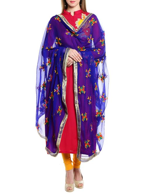 blue chiffon phulkari dupatta - 12826641 - Very Small Image - 1