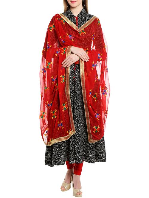 red chiffon phulkari dupatta - 12826644 - Very Small Image - 1