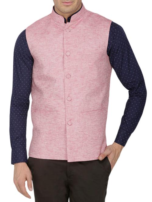 pink melange linen nehru jacket - 12828378 - Very Small Image - 1