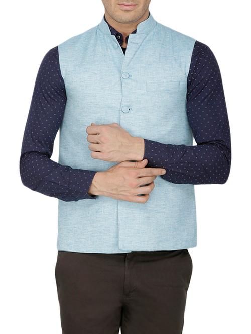 ice blue linen nehru jacket - 12828381 - Very Small Image - 1