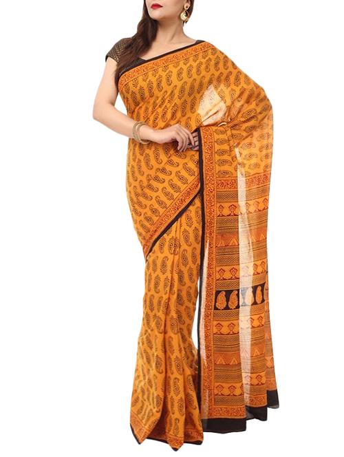 yellow printed maheshwari cotton saree with blouse - 12830681 - Very Small Image - 1