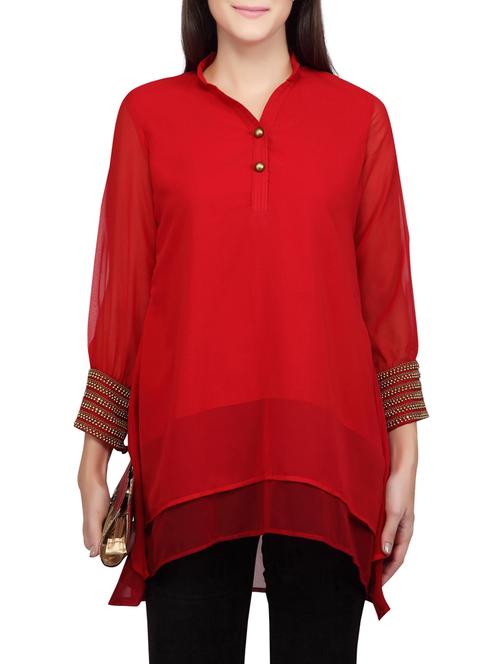 red georgette regular tunic - 12831687 - Very Small Image - 1