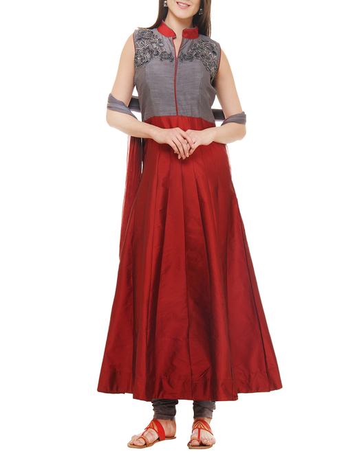 red silk blend stitched anarkali - 12837601 - Very Small Image - 1
