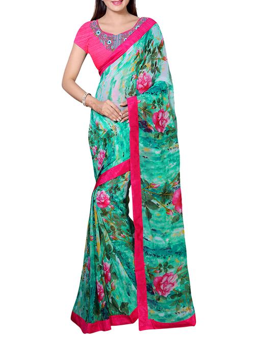 sea green georgette floral print saree with blouse - 12844245 - Very Small Image - 1