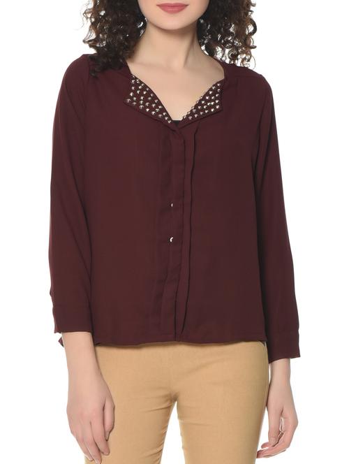 wine embellished georgette regular shirt - 12846332 - Very Small Image - 1