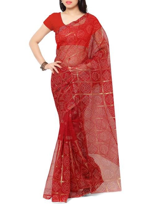 red cotton bandhani printed saree with blouse - 12848214 - Very Small Image - 1