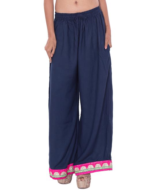navy blue rayon embroidered flared palazzo - 12854251 - Very Small Image - 1