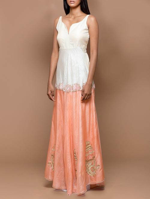 cream and peach tussar colourblocked gown - 12859733 - Very Small Image - 1