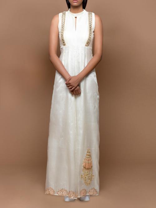 cream tussar jumpsuit with mirror work suspenders - 12859735 - Very Small Image - 1