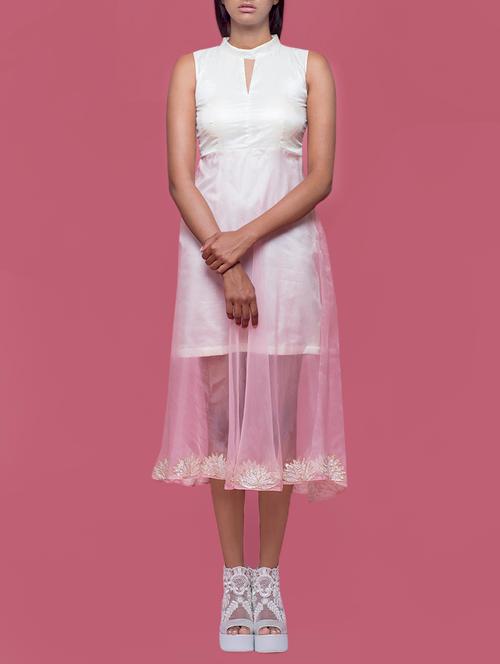 cream tussar dress with powder pink organza overlay - 12859747 - Very Small Image - 1