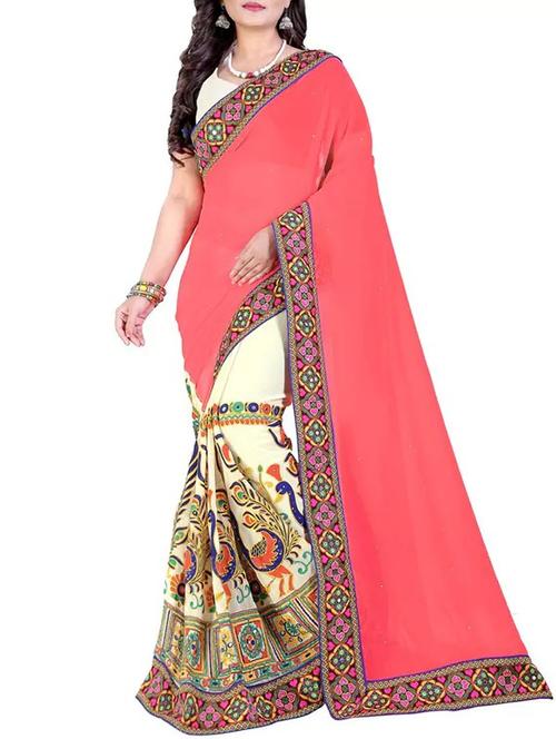 women's printed coral colored saree with blouse - 12867953 - Very Small Image - 1