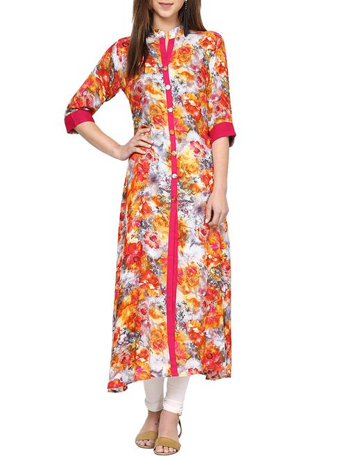 red floral printed rayon a-line kurta - 12869055 - Very Small Image - 1