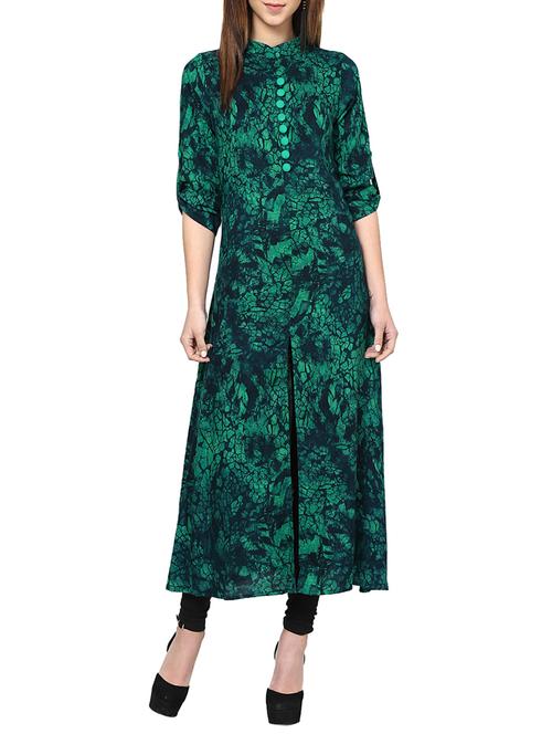 green rayon printed high slit kurta - 12869057 - Very Small Image - 1