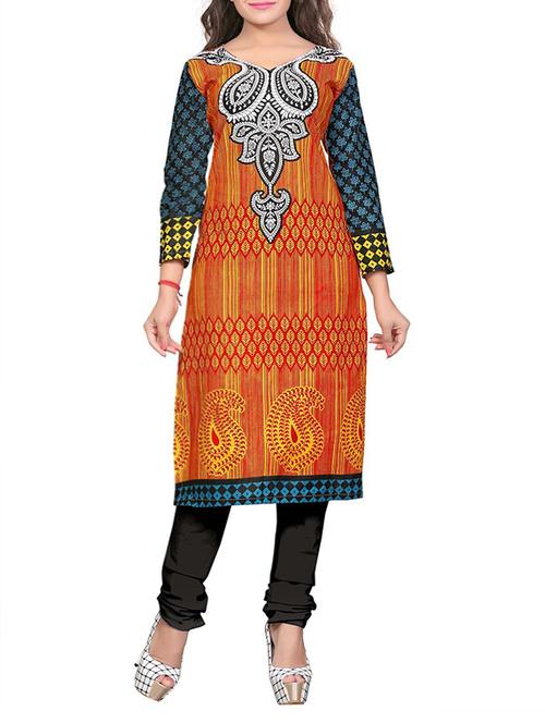 orange cotton printed unstitched kurta - 12869111 - Very Small Image - 1