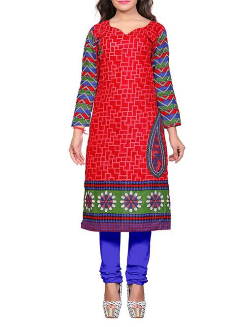 red cotton printed unstitched kurta - 12869114 - Very Small Image - 1