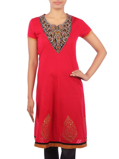 red cotton straight kurta - 1287119 - Very Small Image - 1