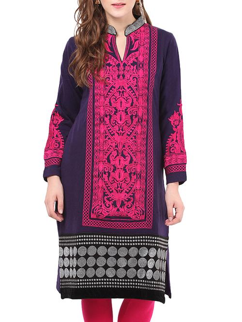 purple cotton embroidered woolen kurta - 12881300 - Very Small Image - 1