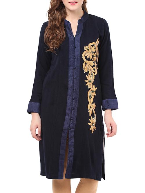 blue cotton embroidered woolen kurta - 12881303 - Very Small Image - 1