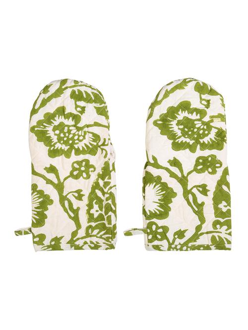 rajrang green mittens floral design hand block printed set of 2 oven glove - 12881987 - Very Small Image - 1