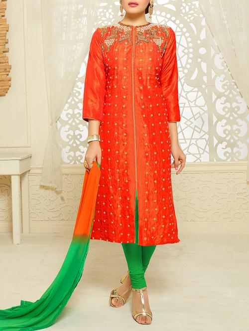 orange embroidered churidaar suits semi-stitched suit - 12885519 - Very Small Image - 1