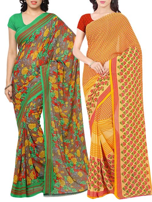 multi colored georgette printed combos saree with blouse - 12890545 - Very Small Image - 1