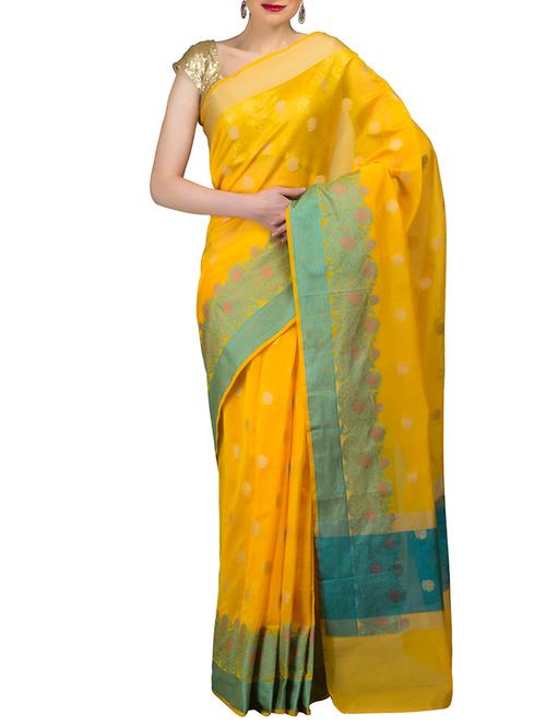 yellow art silk woven saree with blouse - 12892688 - Very Small Image - 1