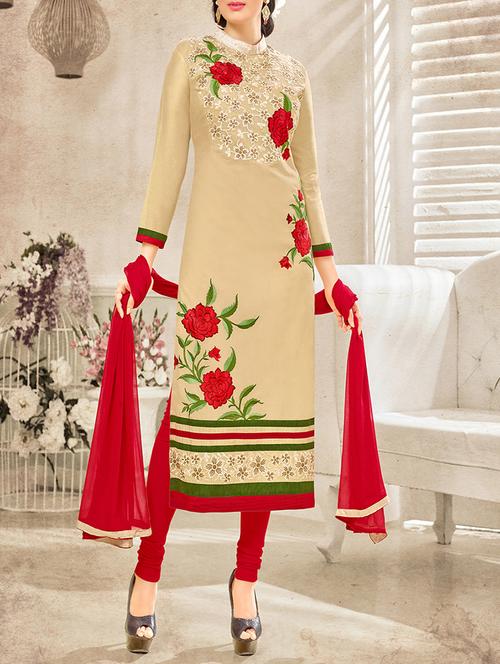 cream cotton blend unstitched suit - 12895394 - Very Small Image - 1