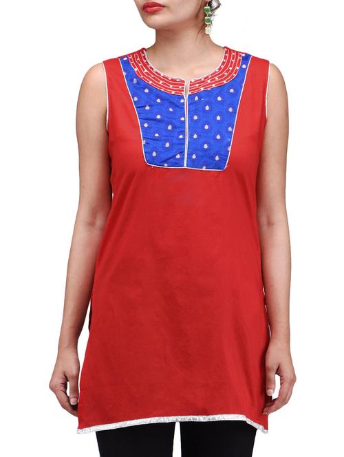 red chanderi cotton straight kurti - 1289691 - Very Small Image - 1