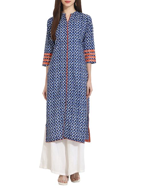 blue cotton printed long kurta - 12898109 - Very Small Image - 1