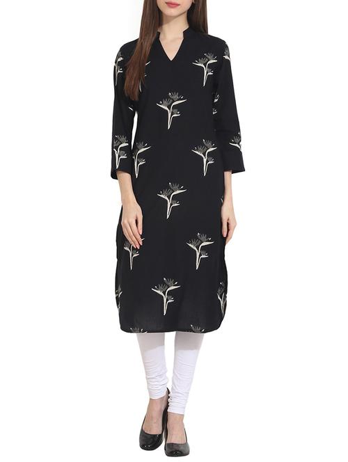 black cotton printed straight kurta - 12898116 - Very Small Image - 1