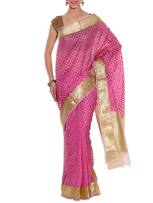 pink banarasi chevron patterned saree with blouse - 12898414 - Very Small Image - 1