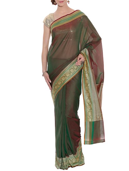 green handwoven banarasi art silk saree with blouse - 12898419 - Very Small Image - 1
