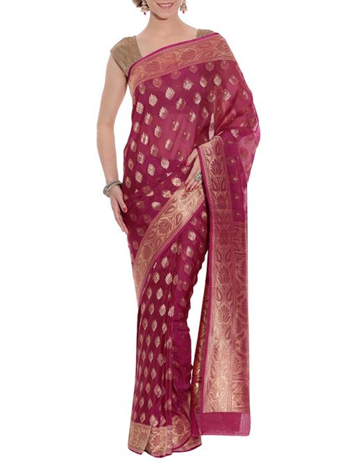 onion pink banarasi handwoven art silk saree with blouse - 12898428 - Very Small Image - 1
