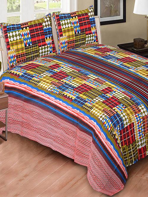 kariba 100% cotton multicolor checks king size bedsheet with two pillow covers. - 12899714 - Very Small Image - 1
