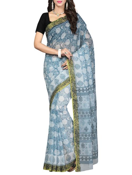white color cotton printed saree with blouse - 12900837 - Very Small Image - 1