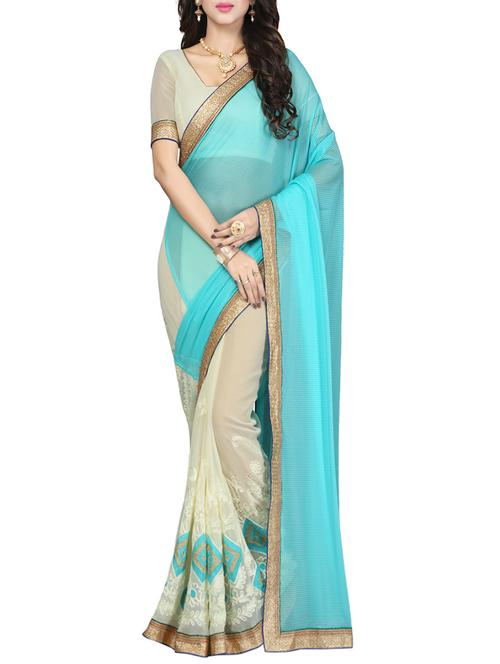 white georgette half and half saree with blouse - 12900852 - Very Small Image - 1