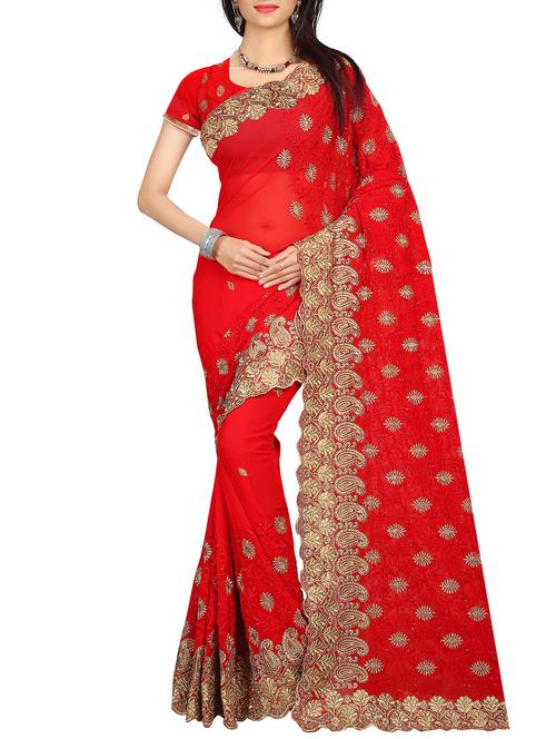 red color georgette saree with blouse - 12906433 - Very Small Image - 1