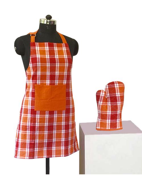lushomes yarn dyed orange and red checks aprons set (1 apron and 1 oven mitten) - 12906651 - Very Small Image - 1