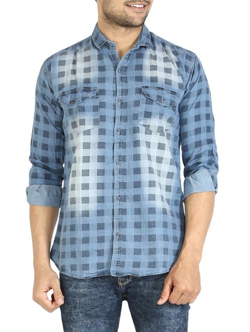 light blue denim checked casual shirt - 12909164 - Very Small Image - 1