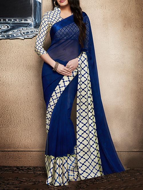 blue georgette printed saree with blouse - 12910693 - Very Small Image - 1