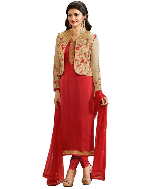 red georgette straight unstitched suit - 12912017 - Very Small Image - 1