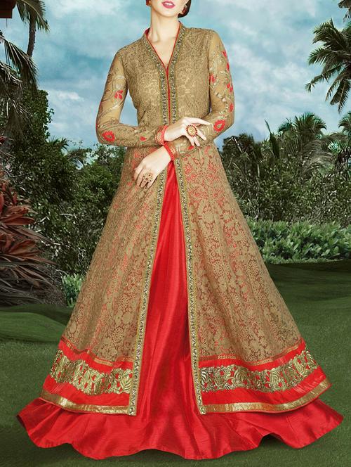 coral and beige embroidered unstitched suit set - 12914104 - Very Small Image - 1