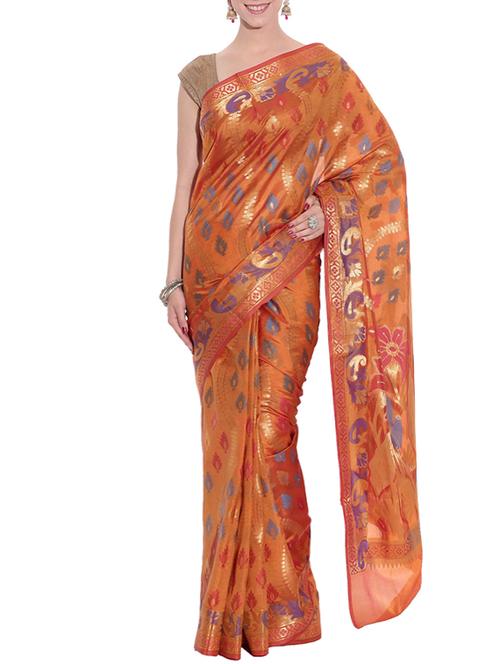 orange banarasi handwoven art silk saree with blouse - 12916113 - Very Small Image - 1