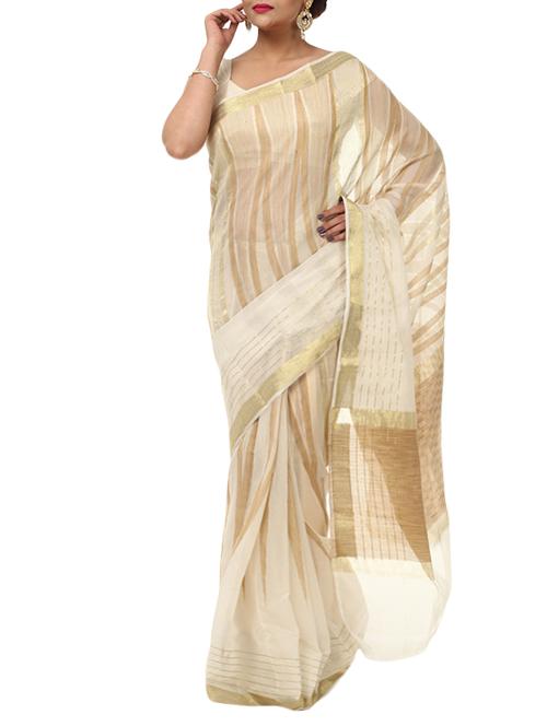 cream banarasi woven cotton saree - 12916124 - Very Small Image - 1