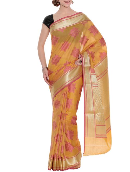 yellow silk blend printed saree with blouse - 12916607 - Very Small Image - 1