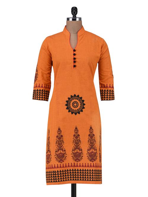 orange cotton block printed kurti - 1291877 - Very Small Image - 1