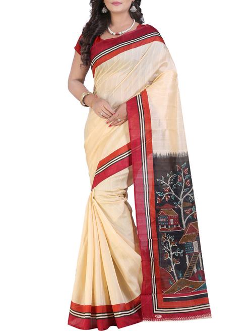 women's printed beige colored saree with blouse - 12926249 - Very Small Image - 1
